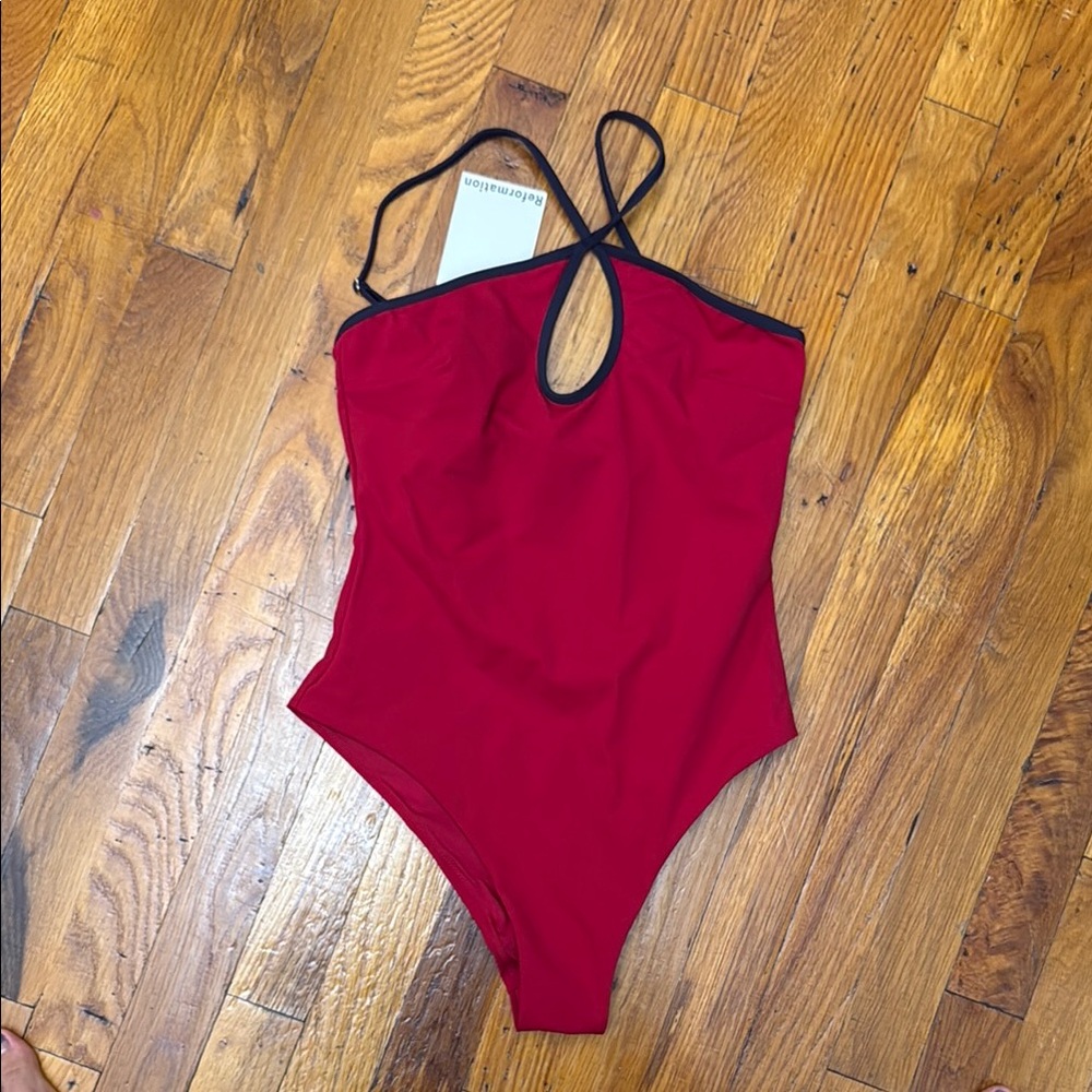 Reformation Red One-Piece Swimsuit with Black Trim